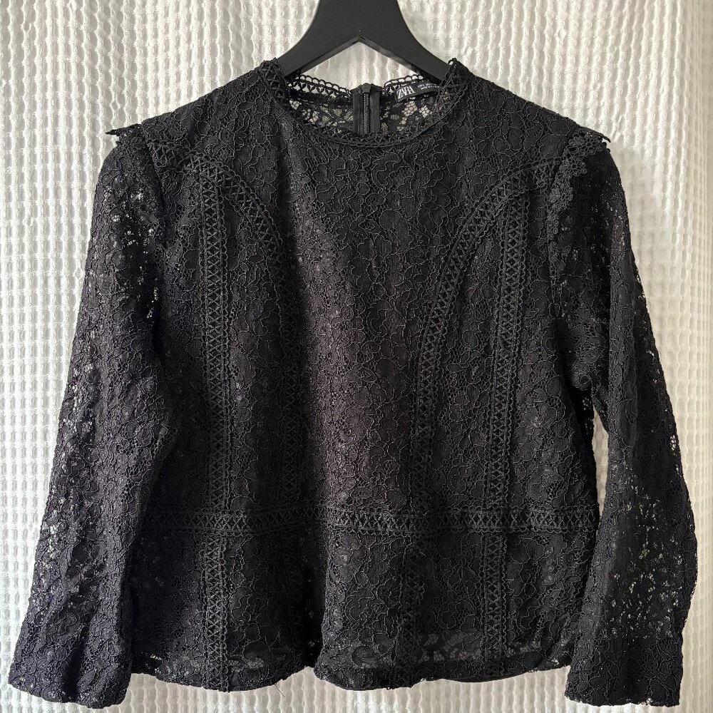Zara women's large black slightly cropped lace blouse with sheer back goth